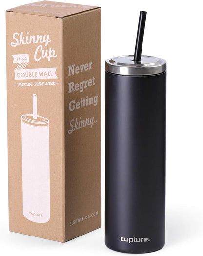 Stainless Steel Skinny Insulated Tumbler Cup with Lid and Reusable Straw - 16 oz (White Marble)
