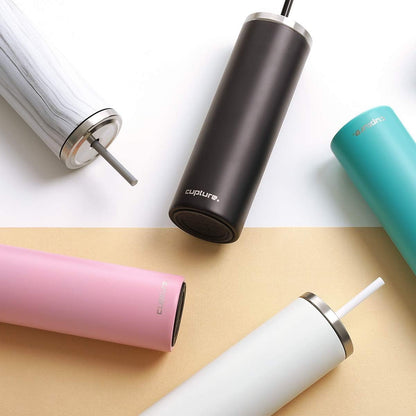 Stainless Steel Skinny Insulated Tumbler Cup with Lid and Reusable Straw - 16 oz (White Marble)