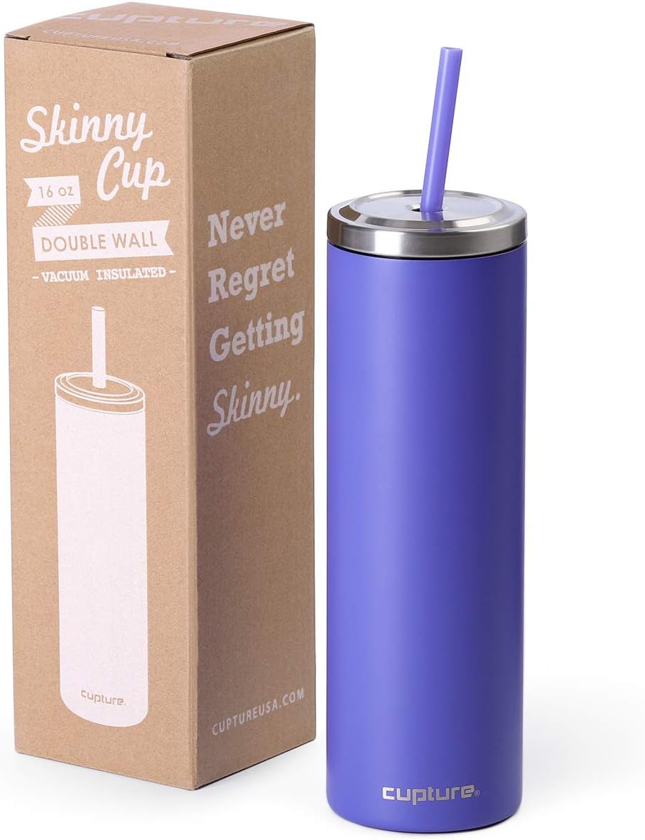 Stainless Steel Skinny Insulated Tumbler Cup with Lid and Reusable Straw - 16 oz (White Marble)