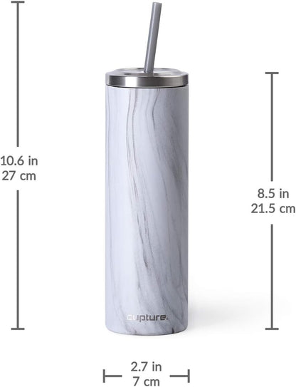 Stainless Steel Skinny Insulated Tumbler Cup with Lid and Reusable Straw - 16 oz (White Marble)