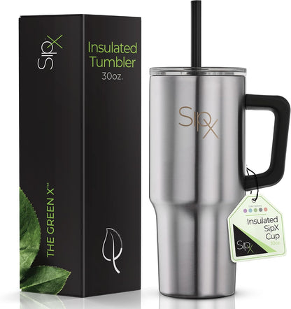 ™ 30 oz Insulated Tumbler with Handle & Straw – Vacuum Insulated Stainless Steel, Leakproof, Cupholder Friendly – Perfect for Iced Coffee, Water & Travel – Grey