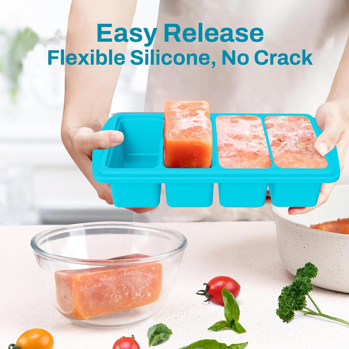 Serenity Blue Silicone Freezer Tray with Lid – Dual 1/2 Cup and 1 Cup Portion Cube Mold for Soup, Sauce, and Baby Food – Stackable BPA-Free Silicone Meal Prep Container