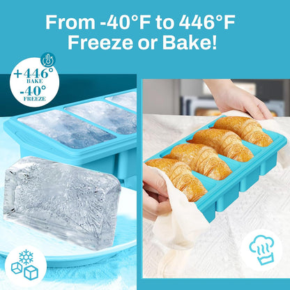 Serenity Blue Silicone Freezer Tray with Lid – Dual 1/2 Cup and 1 Cup Portion Cube Mold for Soup, Sauce, and Baby Food – Stackable BPA-Free Silicone Meal Prep Container