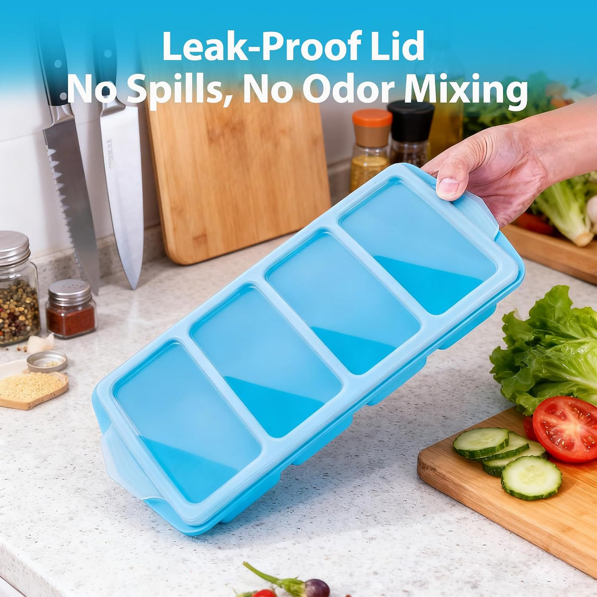 Serenity Blue Silicone Freezer Tray with Lid – Dual 1/2 Cup and 1 Cup Portion Cube Mold for Soup, Sauce, and Baby Food – Stackable BPA-Free Silicone Meal Prep Container