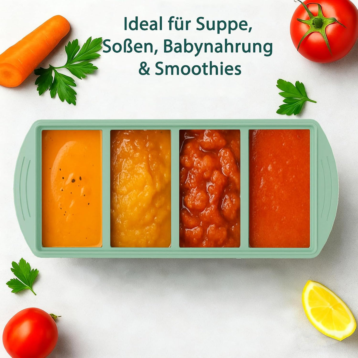 Serenity Blue Silicone Freezer Tray with Lid – Dual 1/2 Cup and 1 Cup Portion Cube Mold for Soup, Sauce, and Baby Food – Stackable BPA-Free Silicone Meal Prep Container