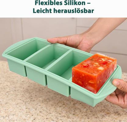 Serenity Blue Silicone Freezer Tray with Lid – Dual 1/2 Cup and 1 Cup Portion Cube Mold for Soup, Sauce, and Baby Food – Stackable BPA-Free Silicone Meal Prep Container