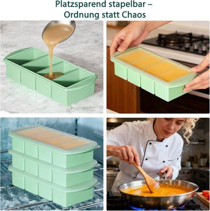Serenity Blue Silicone Freezer Tray with Lid – Dual 1/2 Cup and 1 Cup Portion Cube Mold for Soup, Sauce, and Baby Food – Stackable BPA-Free Silicone Meal Prep Container