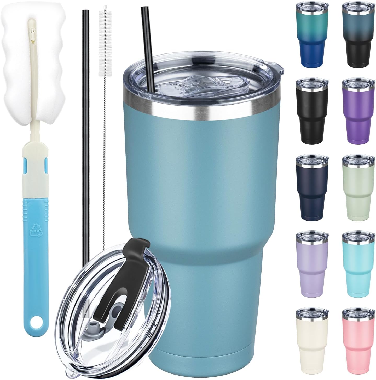 20 oz Tumbler with Lids and Straws, Stainless Steel Insulated Coffee Tumbler, Double Wall Vacuum Insulated Travel Mug Cup, Leakproof Thermal Coffee Cup for Hot and Cold Drinks (azure blue)