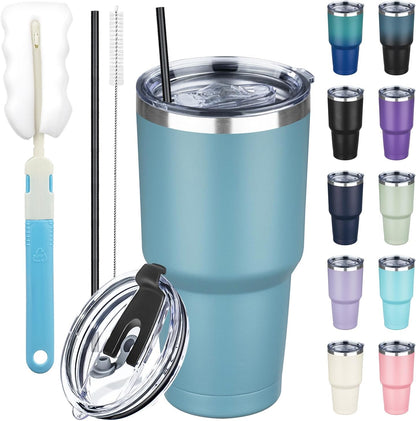 20 oz Tumbler with Lids and Straws, Stainless Steel Insulated Coffee Tumbler, Double Wall Vacuum Insulated Travel Mug Cup, Leakproof Thermal Coffee Cup for Hot and Cold Drinks (azure blue)