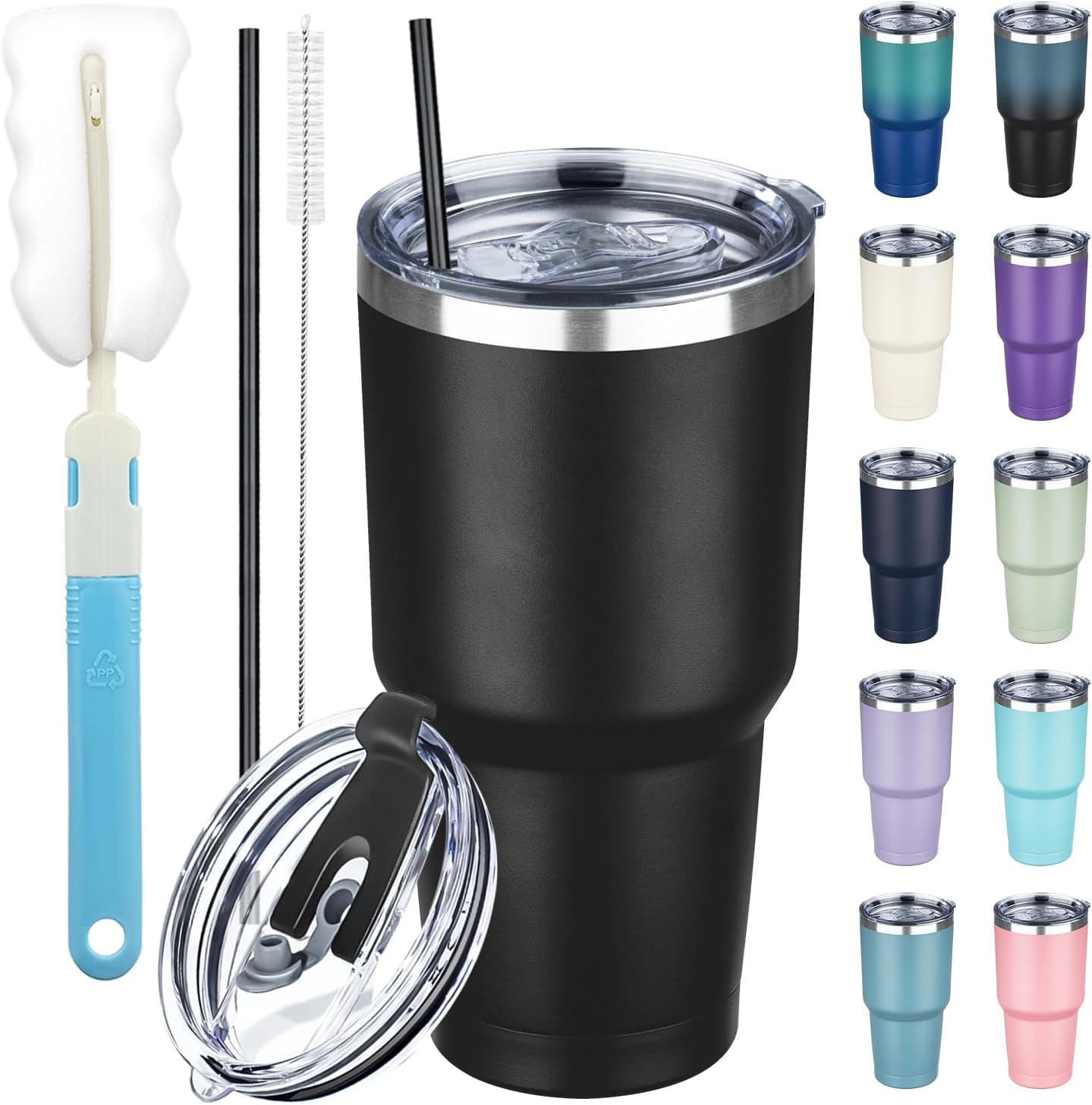 20 oz Tumbler with Lids and Straws, Stainless Steel Insulated Coffee Tumbler, Double Wall Vacuum Insulated Travel Mug Cup, Leakproof Thermal Coffee Cup for Hot and Cold Drinks (azure blue)