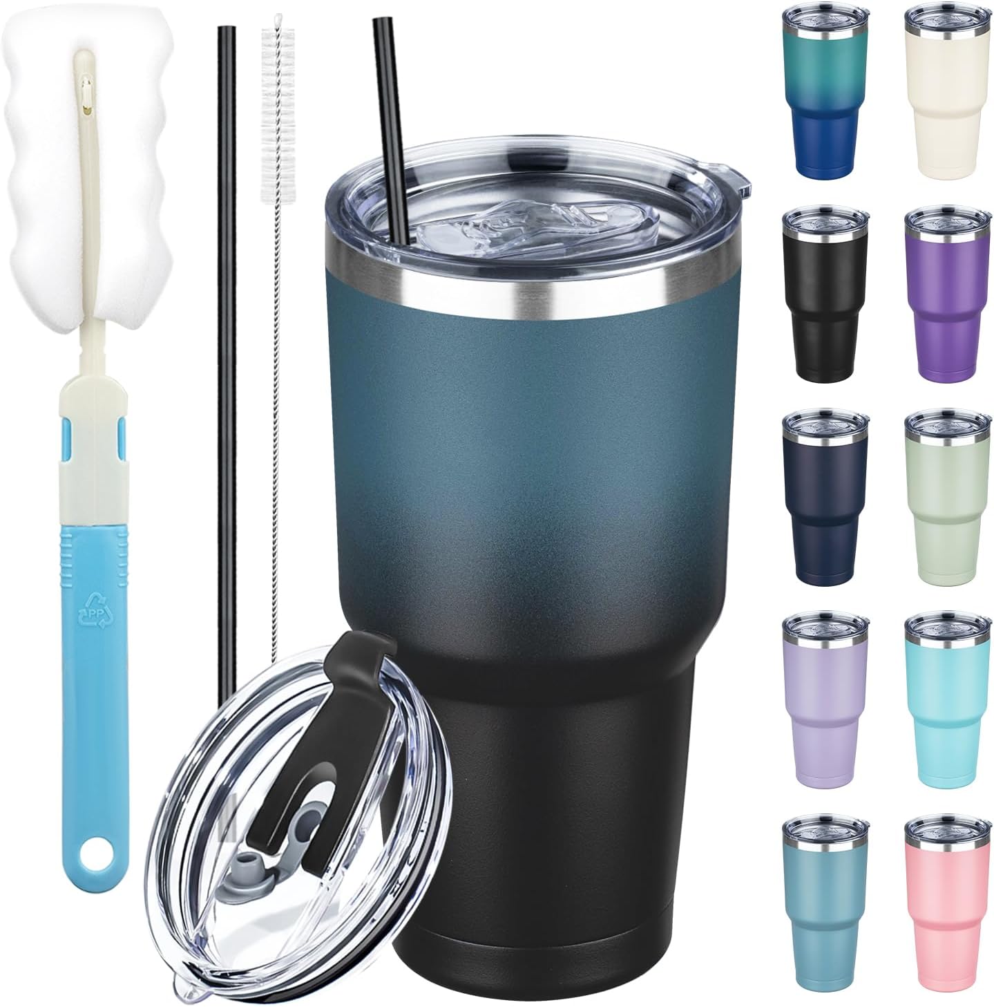 20 oz Tumbler with Lids and Straws, Stainless Steel Insulated Coffee Tumbler, Double Wall Vacuum Insulated Travel Mug Cup, Leakproof Thermal Coffee Cup for Hot and Cold Drinks (azure blue)