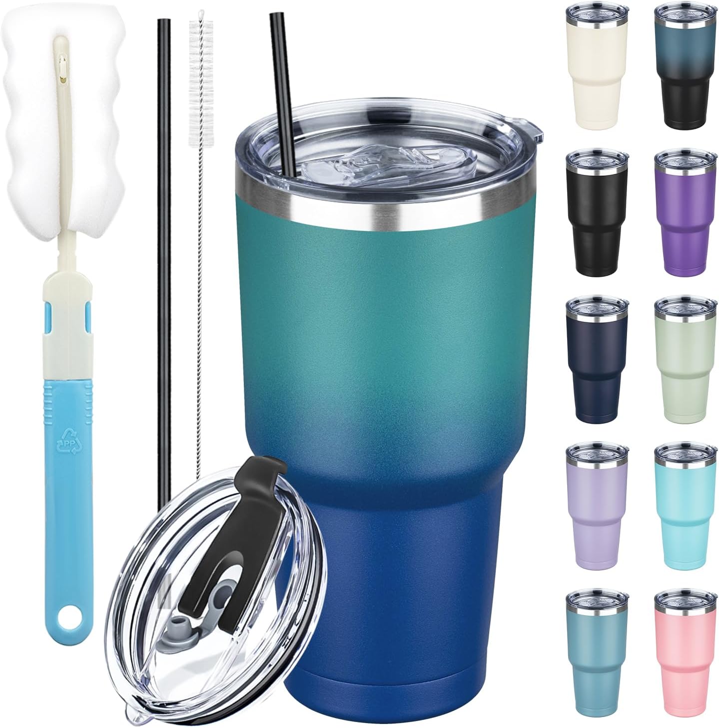 20 oz Tumbler with Lids and Straws, Stainless Steel Insulated Coffee Tumbler, Double Wall Vacuum Insulated Travel Mug Cup, Leakproof Thermal Coffee Cup for Hot and Cold Drinks (azure blue)