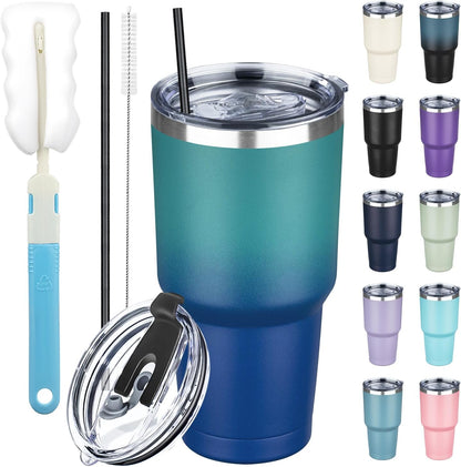 20 oz Tumbler with Lids and Straws, Stainless Steel Insulated Coffee Tumbler, Double Wall Vacuum Insulated Travel Mug Cup, Leakproof Thermal Coffee Cup for Hot and Cold Drinks (azure blue)