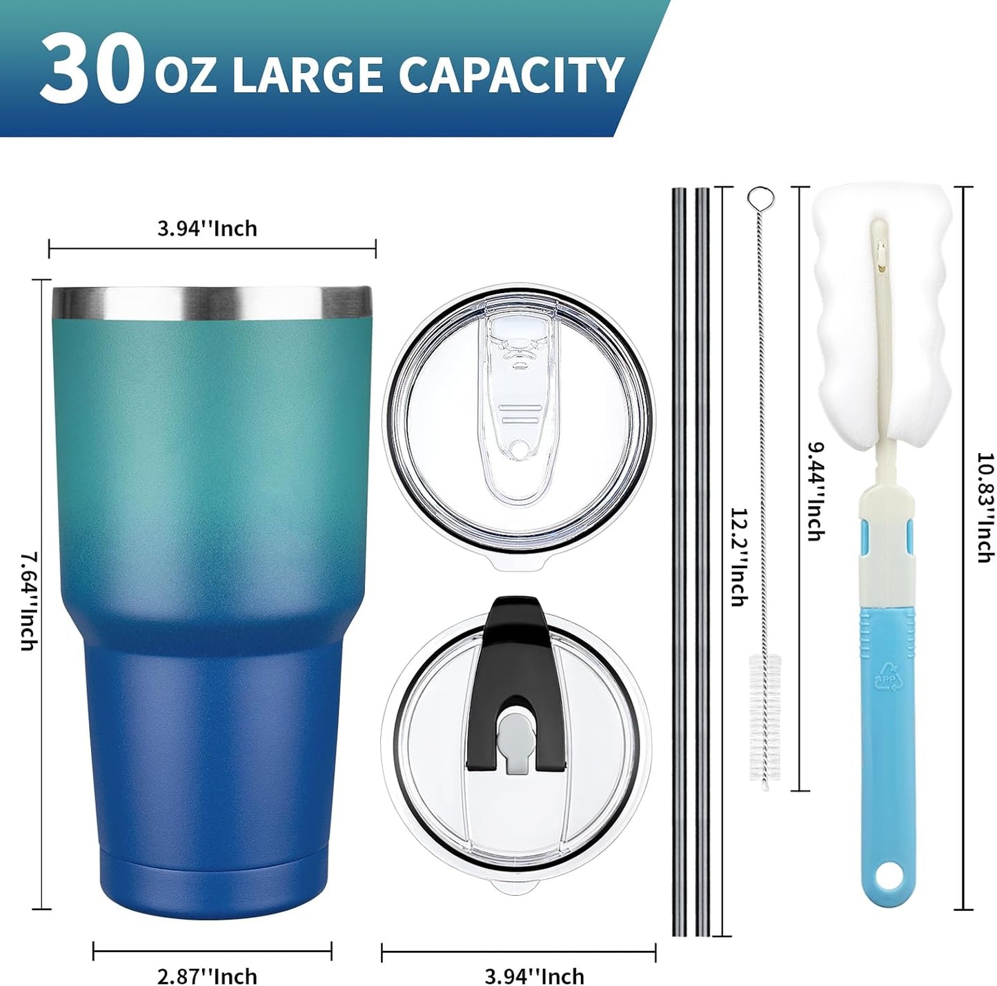 20 oz Tumbler with Lids and Straws, Stainless Steel Insulated Coffee Tumbler, Double Wall Vacuum Insulated Travel Mug Cup, Leakproof Thermal Coffee Cup for Hot and Cold Drinks (azure blue)