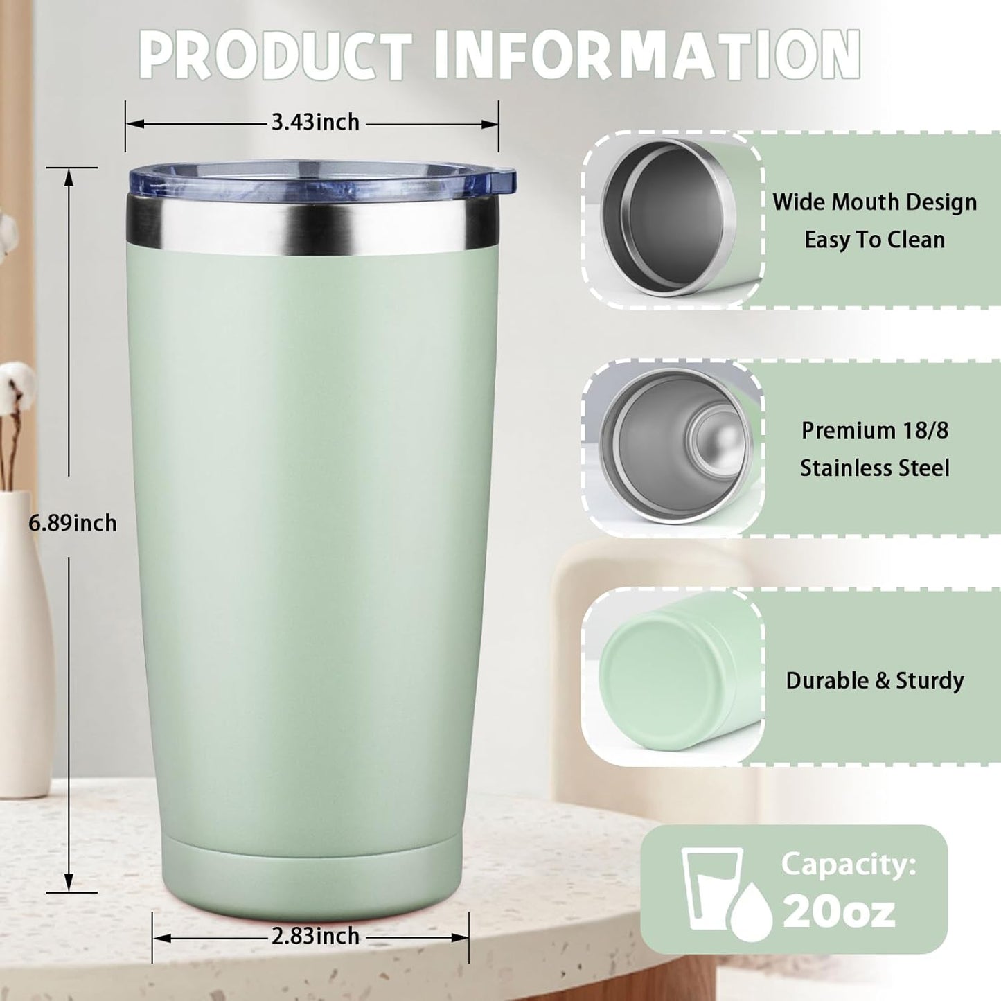 20 oz Tumbler with Lids and Straws, Stainless Steel Insulated Coffee Tumbler, Double Wall Vacuum Insulated Travel Mug Cup, Leakproof Thermal Coffee Cup for Hot and Cold Drinks (azure blue)