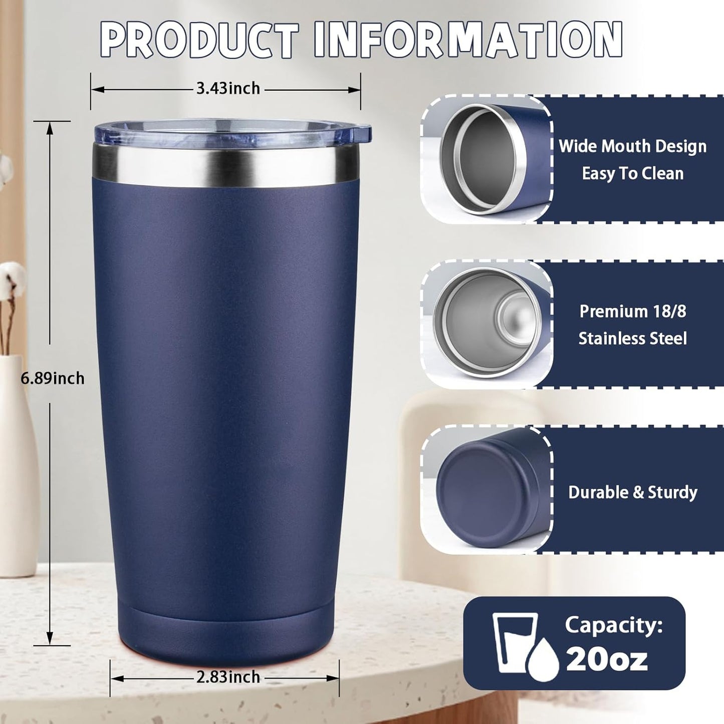 20 oz Tumbler with Lids and Straws, Stainless Steel Insulated Coffee Tumbler, Double Wall Vacuum Insulated Travel Mug Cup, Leakproof Thermal Coffee Cup for Hot and Cold Drinks (azure blue)