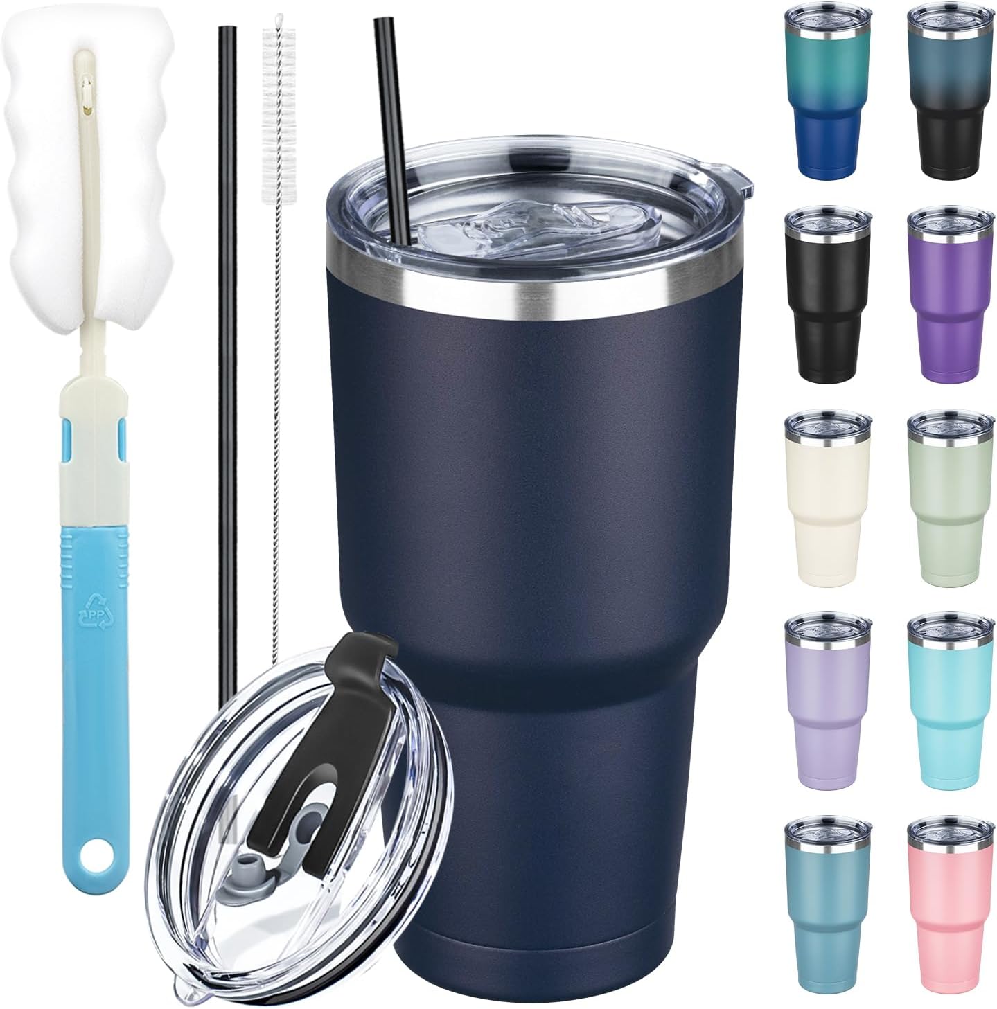 20 oz Tumbler with Lids and Straws, Stainless Steel Insulated Coffee Tumbler, Double Wall Vacuum Insulated Travel Mug Cup, Leakproof Thermal Coffee Cup for Hot and Cold Drinks (azure blue)