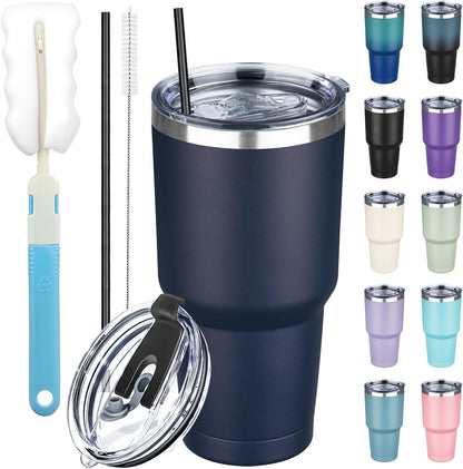 20 oz Tumbler with Lids and Straws, Stainless Steel Insulated Coffee Tumbler, Double Wall Vacuum Insulated Travel Mug Cup, Leakproof Thermal Coffee Cup for Hot and Cold Drinks (azure blue)
