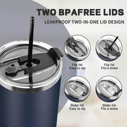 20 oz Tumbler with Lids and Straws, Stainless Steel Insulated Coffee Tumbler, Double Wall Vacuum Insulated Travel Mug Cup, Leakproof Thermal Coffee Cup for Hot and Cold Drinks (azure blue)