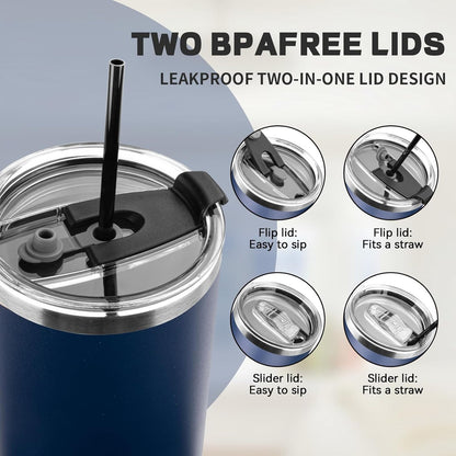 20 oz Tumbler with Lids and Straws, Stainless Steel Insulated Coffee Tumbler, Double Wall Vacuum Insulated Travel Mug Cup, Leakproof Thermal Coffee Cup for Hot and Cold Drinks (azure blue)