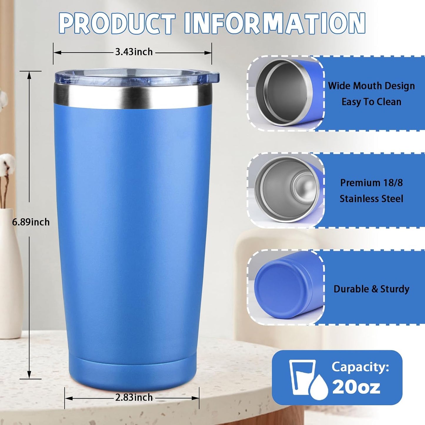 20 oz Tumbler with Lids and Straws, Stainless Steel Insulated Coffee Tumbler, Double Wall Vacuum Insulated Travel Mug Cup, Leakproof Thermal Coffee Cup for Hot and Cold Drinks (azure blue)