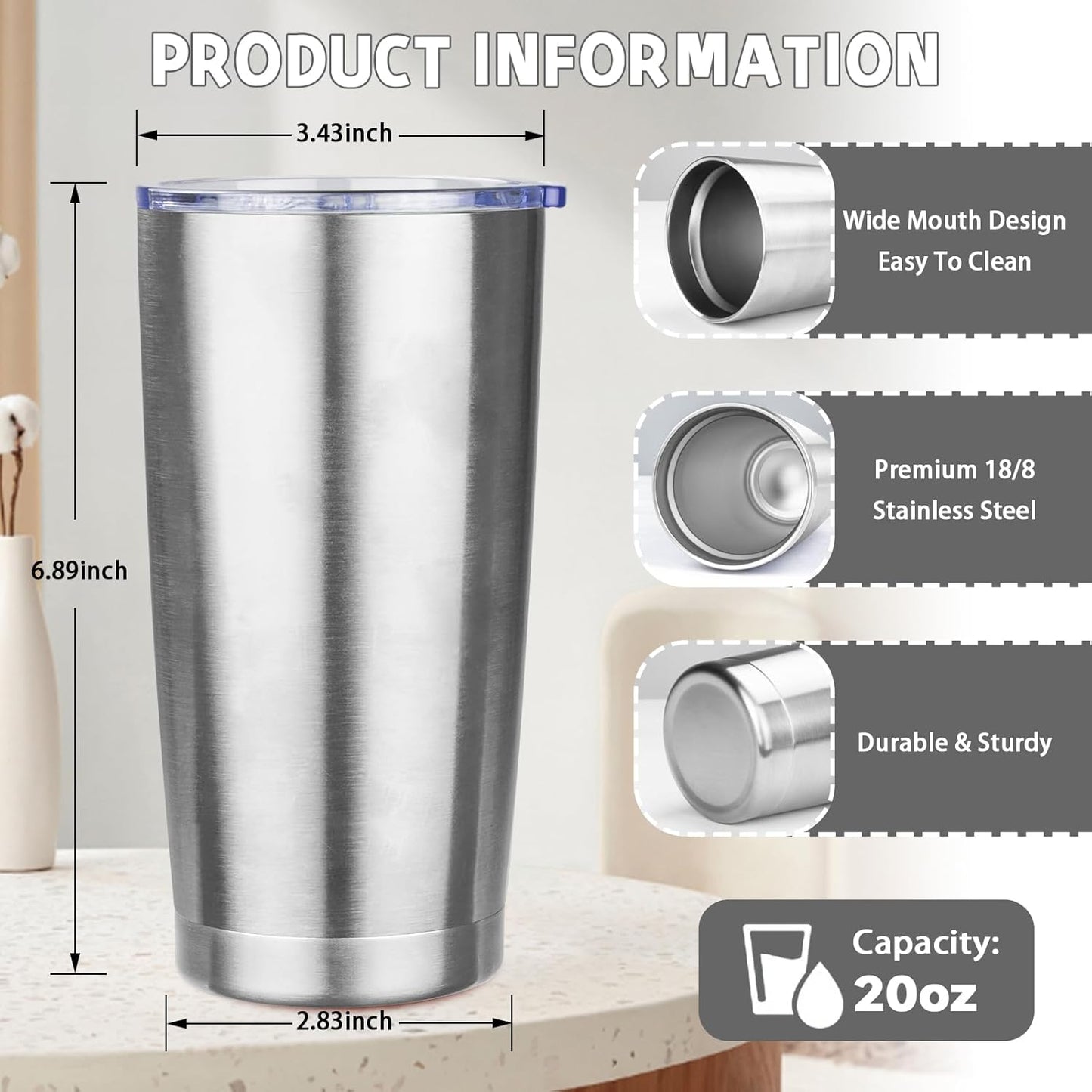 20 oz Tumbler with Lids and Straws, Stainless Steel Insulated Coffee Tumbler, Double Wall Vacuum Insulated Travel Mug Cup, Leakproof Thermal Coffee Cup for Hot and Cold Drinks (azure blue)