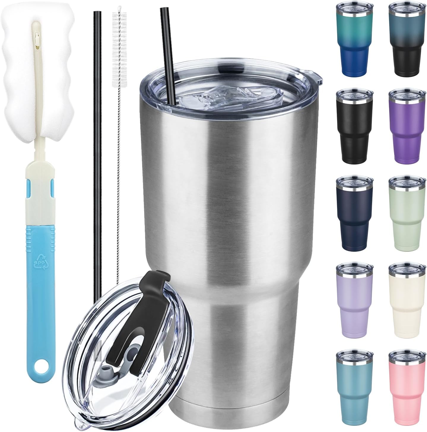 20 oz Tumbler with Lids and Straws, Stainless Steel Insulated Coffee Tumbler, Double Wall Vacuum Insulated Travel Mug Cup, Leakproof Thermal Coffee Cup for Hot and Cold Drinks (azure blue)