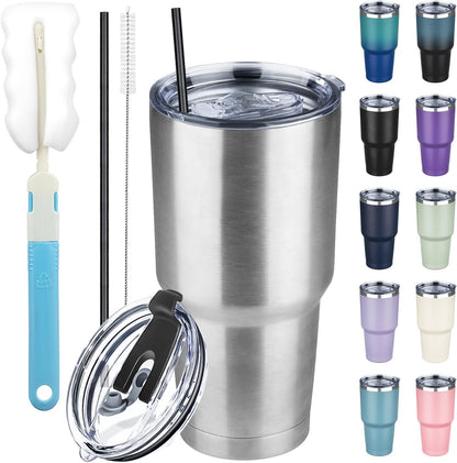 20 oz Tumbler with Lids and Straws, Stainless Steel Insulated Coffee Tumbler, Double Wall Vacuum Insulated Travel Mug Cup, Leakproof Thermal Coffee Cup for Hot and Cold Drinks (azure blue)