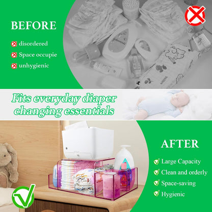 Diaper Caddy Acrylic, Baby Changing Table Organizer, Dresser Tabletop Organizer with 4 Detachable Compartments, Storage for Wipe Dispenser, Anti-slip Rubber Feet, Newborn Baby Essentials, Transparent