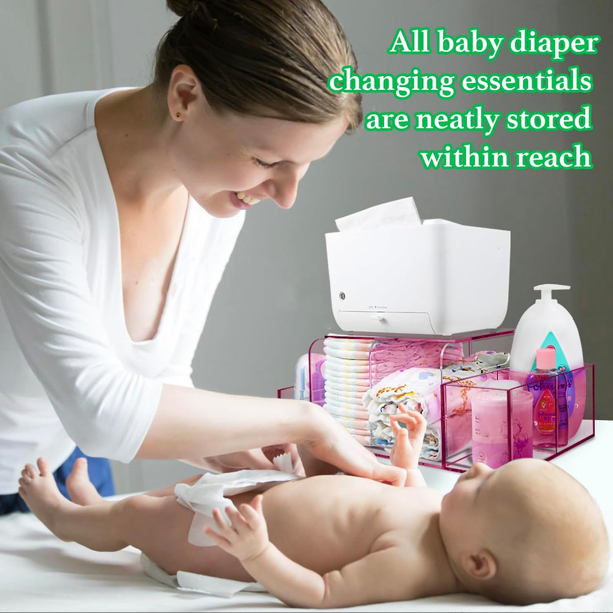 Diaper Caddy Acrylic, Baby Changing Table Organizer, Dresser Tabletop Organizer with 4 Detachable Compartments, Storage for Wipe Dispenser, Anti-slip Rubber Feet, Newborn Baby Essentials, Transparent