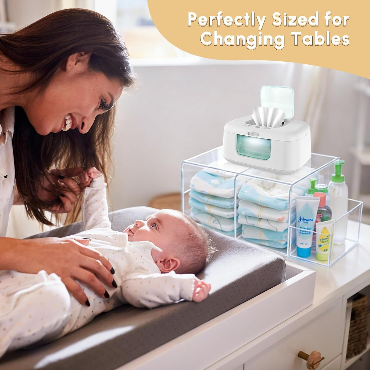 Diaper Caddy Acrylic, Baby Changing Table Organizer, Dresser Tabletop Organizer with 4 Detachable Compartments, Storage for Wipe Dispenser, Anti-slip Rubber Feet, Newborn Baby Essentials, Transparent
