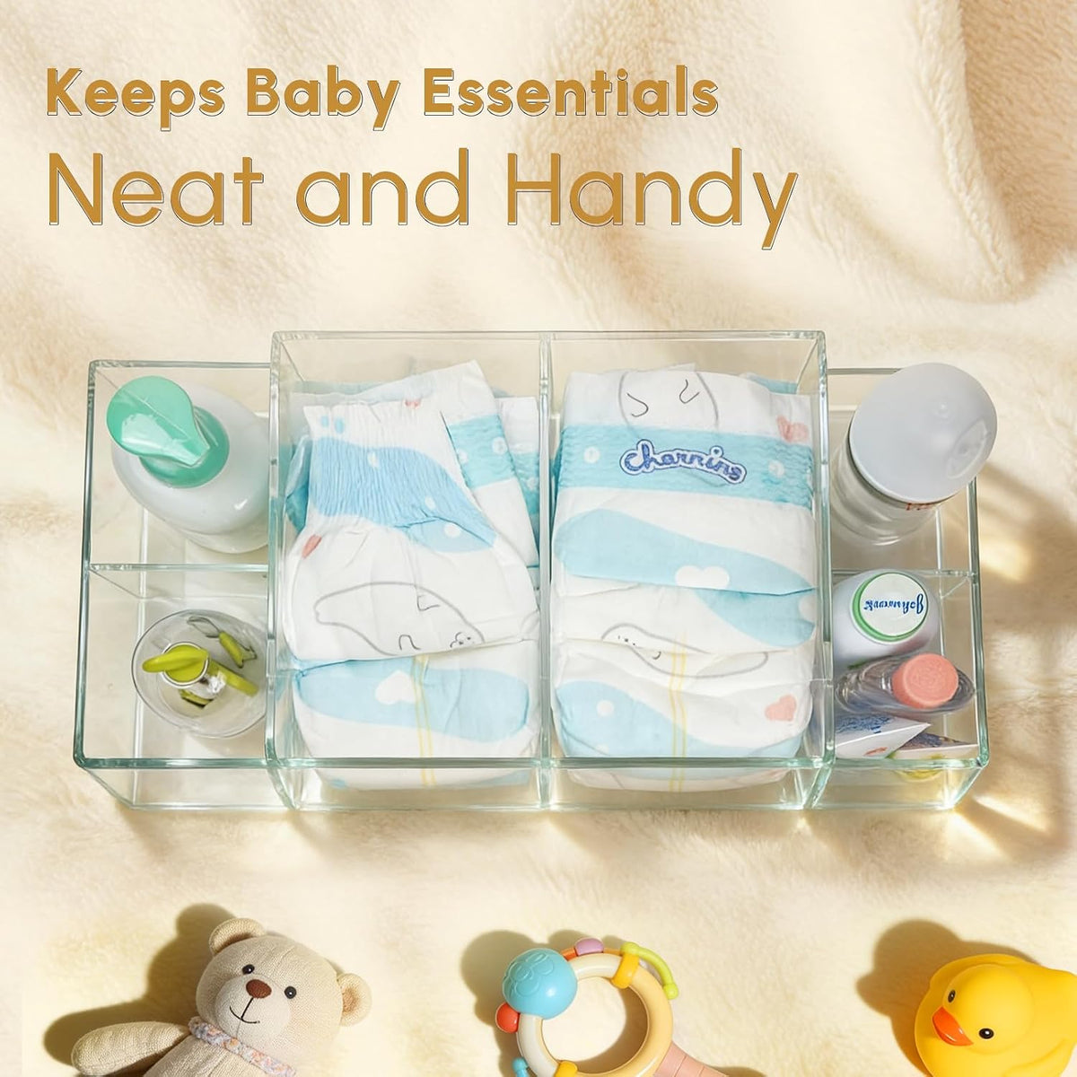 Diaper Caddy Acrylic, Baby Changing Table Organizer, Dresser Tabletop Organizer with 4 Detachable Compartments, Storage for Wipe Dispenser, Anti-slip Rubber Feet, Newborn Baby Essentials, Transparent