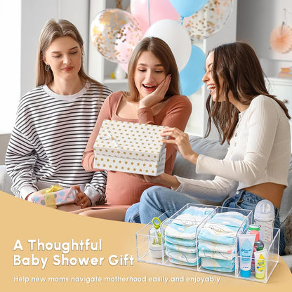Diaper Caddy Acrylic, Baby Changing Table Organizer, Dresser Tabletop Organizer with 4 Detachable Compartments, Storage for Wipe Dispenser, Anti-slip Rubber Feet, Newborn Baby Essentials, Transparent