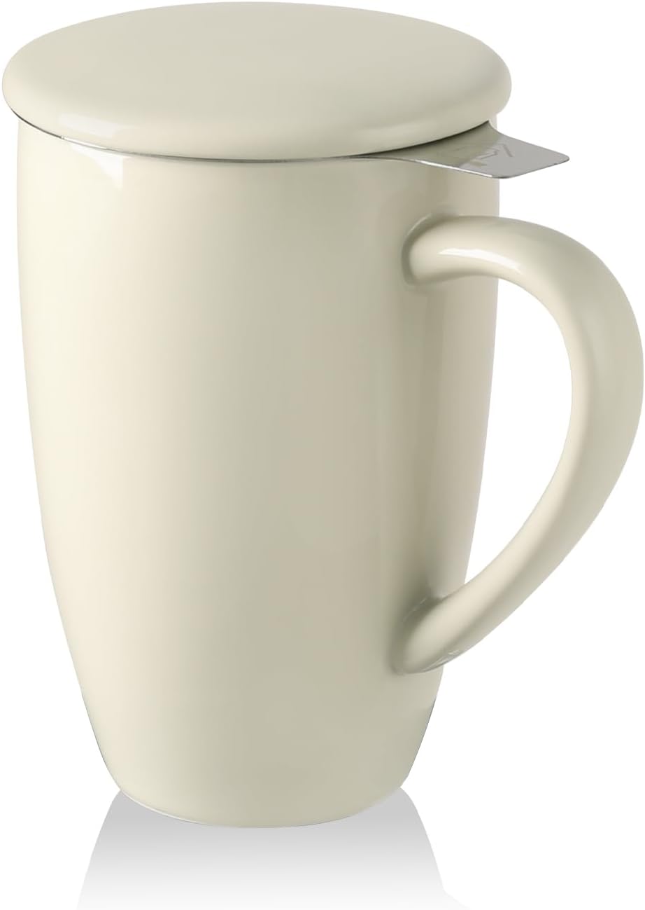 Sweejar Ceramic Tea Cup with Lid, 16 OZ Portable Coffee Mug, Dishwasher Safe Travel Mug with Infuser, Reusable Teacup for Car Cup Holder, Tea Lovers(White)