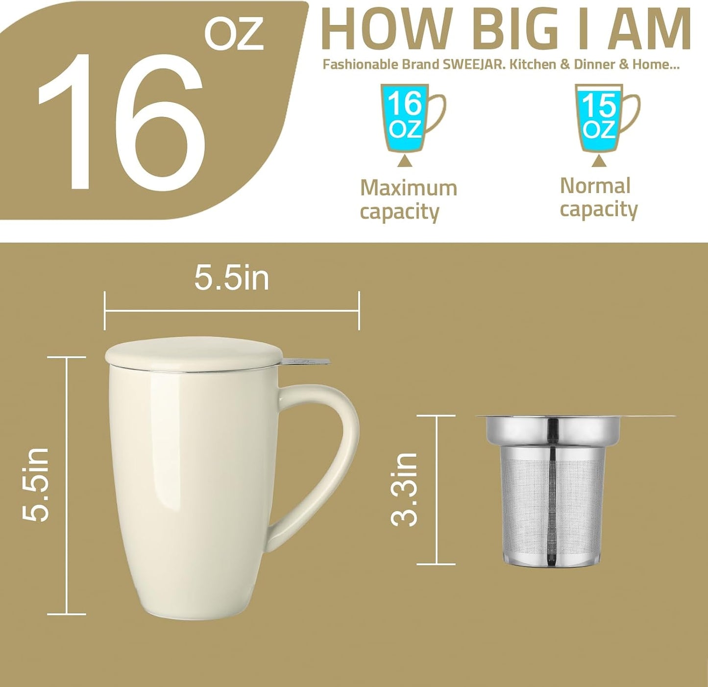 Sweejar Ceramic Tea Cup with Lid, 16 OZ Portable Coffee Mug, Dishwasher Safe Travel Mug with Infuser, Reusable Teacup for Car Cup Holder, Tea Lovers(White)