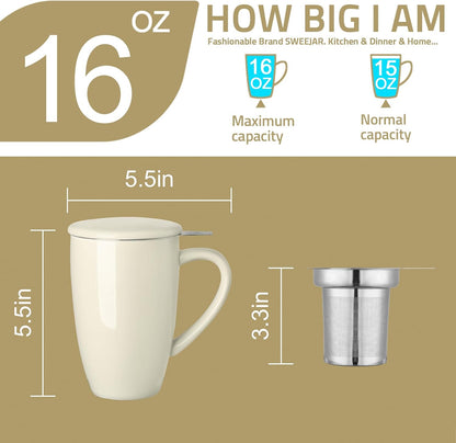 Sweejar Ceramic Tea Cup with Lid, 16 OZ Portable Coffee Mug, Dishwasher Safe Travel Mug with Infuser, Reusable Teacup for Car Cup Holder, Tea Lovers(White)