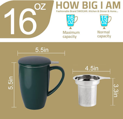 Sweejar Ceramic Tea Cup with Lid, 16 OZ Portable Coffee Mug, Dishwasher Safe Travel Mug with Infuser, Reusable Teacup for Car Cup Holder, Tea Lovers(White)
