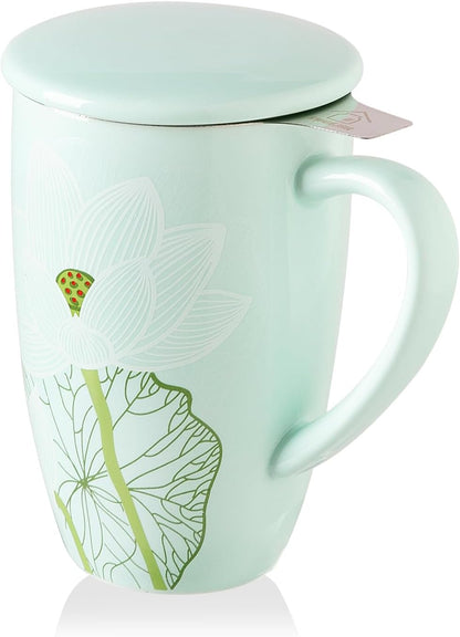 Sweejar Ceramic Tea Cup with Lid, 16 OZ Portable Coffee Mug, Dishwasher Safe Travel Mug with Infuser, Reusable Teacup for Car Cup Holder, Tea Lovers(White)