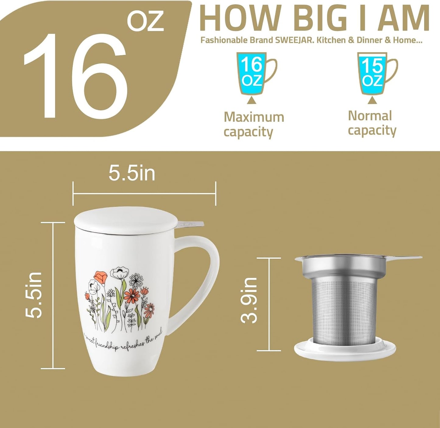Sweejar Ceramic Tea Cup with Lid, 16 OZ Portable Coffee Mug, Dishwasher Safe Travel Mug with Infuser, Reusable Teacup for Car Cup Holder, Tea Lovers(White)