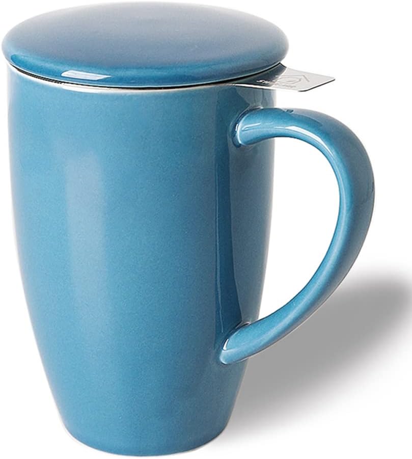 Sweejar Ceramic Tea Cup with Lid, 16 OZ Portable Coffee Mug, Dishwasher Safe Travel Mug with Infuser, Reusable Teacup for Car Cup Holder, Tea Lovers(White)