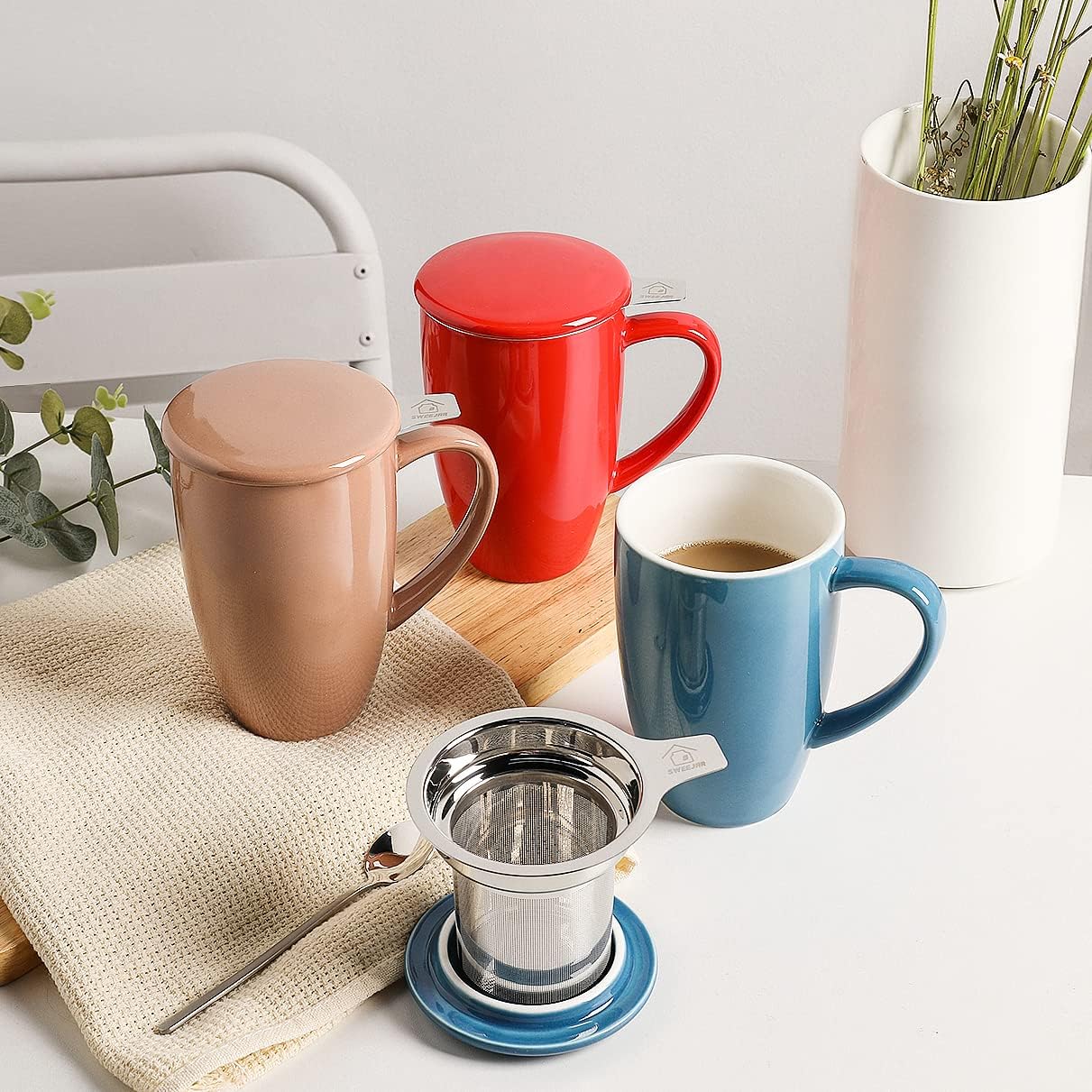Sweejar Ceramic Tea Cup with Lid, 16 OZ Portable Coffee Mug, Dishwasher Safe Travel Mug with Infuser, Reusable Teacup for Car Cup Holder, Tea Lovers(White)