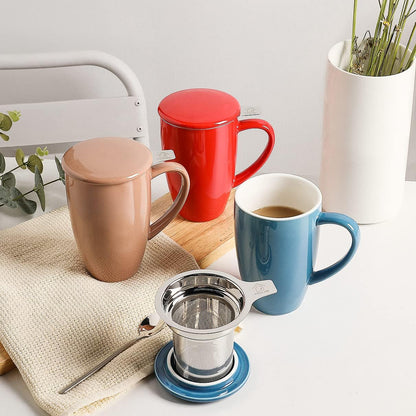 Sweejar Ceramic Tea Cup with Lid, 16 OZ Portable Coffee Mug, Dishwasher Safe Travel Mug with Infuser, Reusable Teacup for Car Cup Holder, Tea Lovers(White)