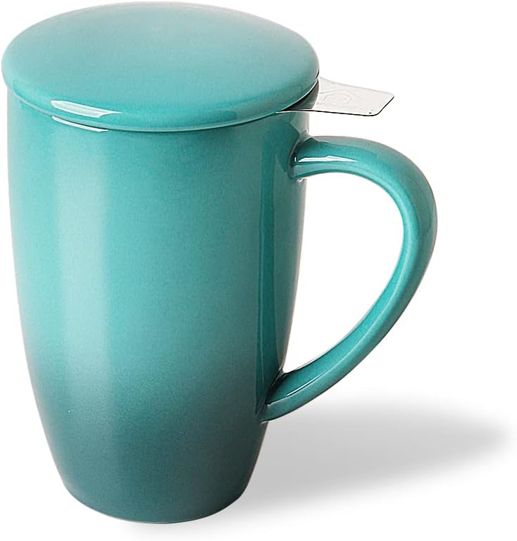 Sweejar Ceramic Tea Cup with Lid, 16 OZ Portable Coffee Mug, Dishwasher Safe Travel Mug with Infuser, Reusable Teacup for Car Cup Holder, Tea Lovers(White)