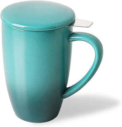 Sweejar Ceramic Tea Cup with Lid, 16 OZ Portable Coffee Mug, Dishwasher Safe Travel Mug with Infuser, Reusable Teacup for Car Cup Holder, Tea Lovers(White)