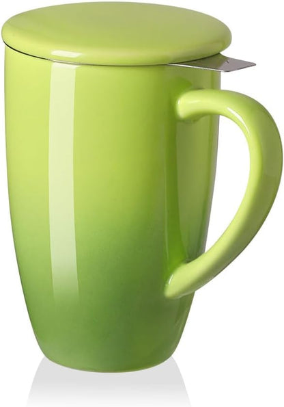 Sweejar Ceramic Tea Cup with Lid, 16 OZ Portable Coffee Mug, Dishwasher Safe Travel Mug with Infuser, Reusable Teacup for Car Cup Holder, Tea Lovers(White)