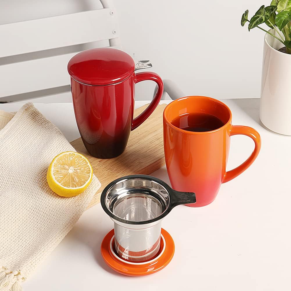 Sweejar Ceramic Tea Cup with Lid, 16 OZ Portable Coffee Mug, Dishwasher Safe Travel Mug with Infuser, Reusable Teacup for Car Cup Holder, Tea Lovers(White)