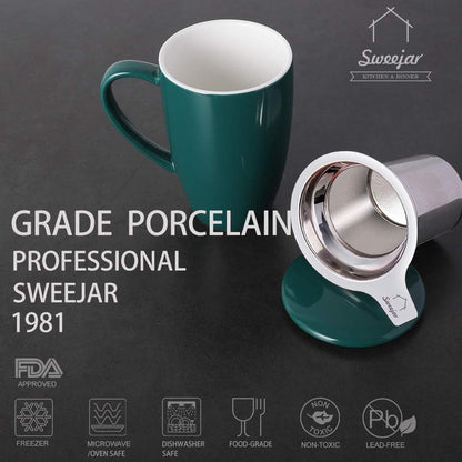 Sweejar Ceramic Tea Cup with Lid, 16 OZ Portable Coffee Mug, Dishwasher Safe Travel Mug with Infuser, Reusable Teacup for Car Cup Holder, Tea Lovers(White)