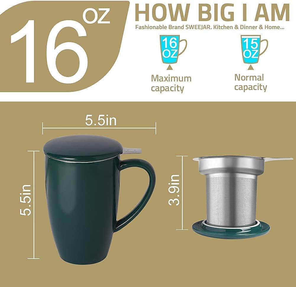 Sweejar Ceramic Tea Cup with Lid, 16 OZ Portable Coffee Mug, Dishwasher Safe Travel Mug with Infuser, Reusable Teacup for Car Cup Holder, Tea Lovers(White)