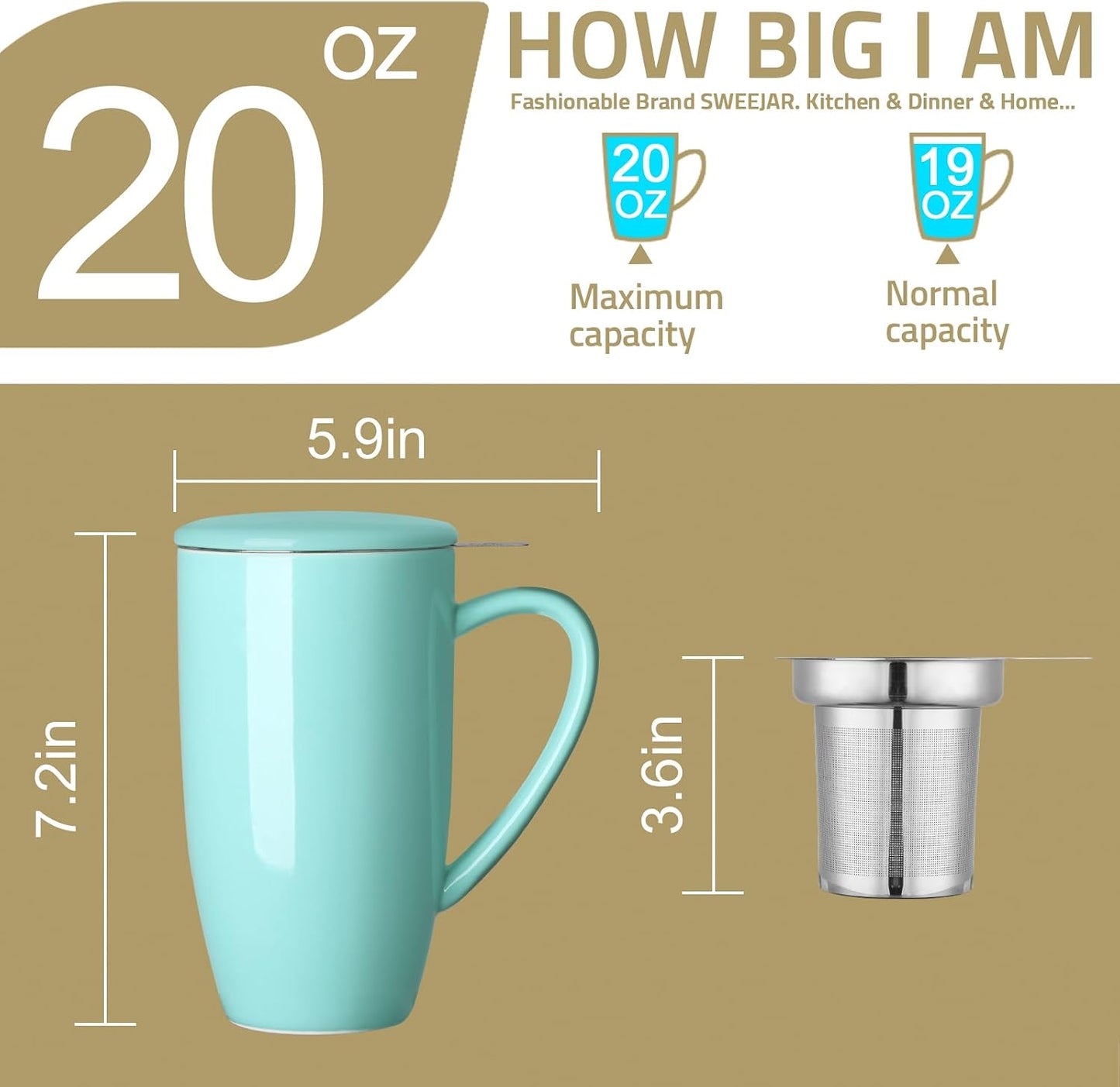 Sweejar Ceramic Tea Cup with Lid, 16 OZ Portable Coffee Mug, Dishwasher Safe Travel Mug with Infuser, Reusable Teacup for Car Cup Holder, Tea Lovers(White)