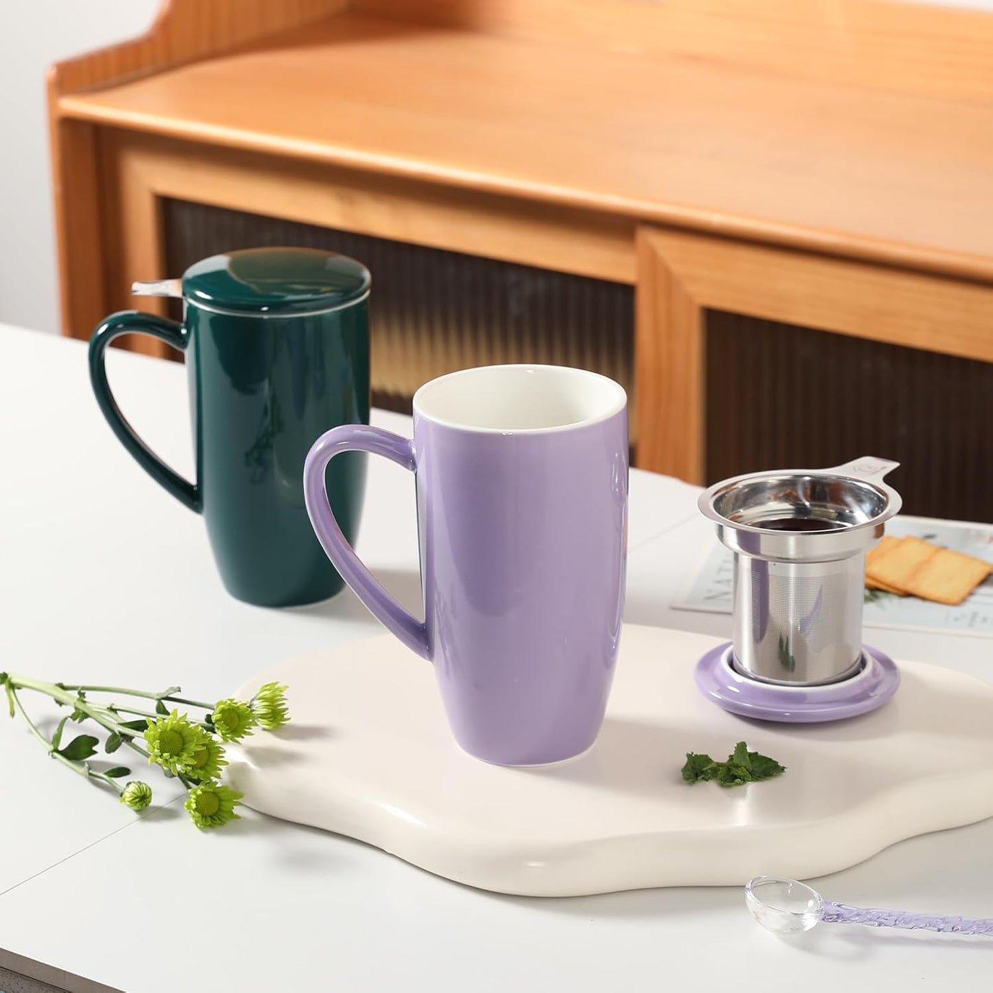 Sweejar Ceramic Tea Cup with Lid, 16 OZ Portable Coffee Mug, Dishwasher Safe Travel Mug with Infuser, Reusable Teacup for Car Cup Holder, Tea Lovers(White)